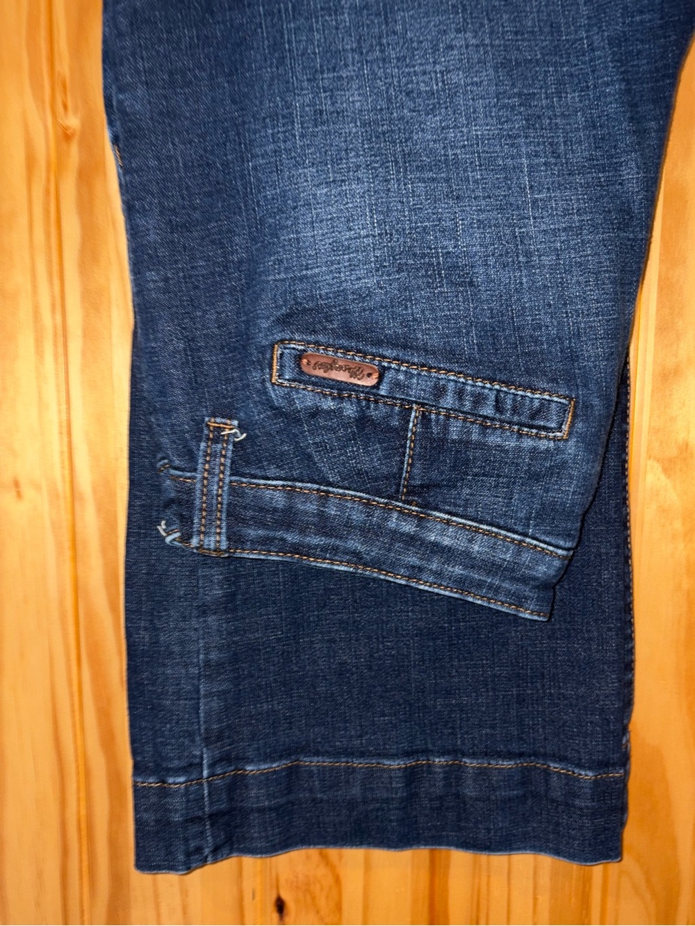 Women's Dark Blue Denim Jeans. Trouser style leg.